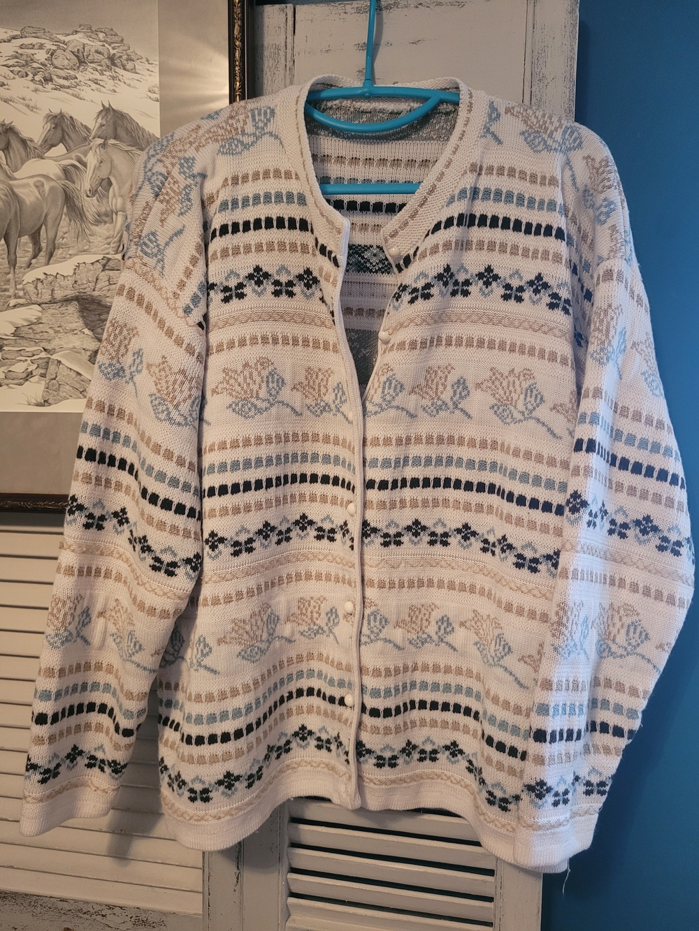 Cream Knit Cardigan with Blue & Tan Pattern - As Is